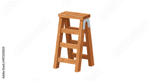 A sturdy three-dimensional wooden step stool with a realistic grain texture and a shiny silver metal hinge stands ready for home maintenance tasks.