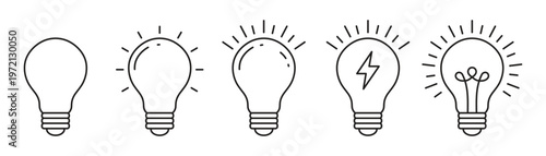 Light bulb icon set showing idea and inspiration concepts. Creative thinking, innovation and solution symbols. Energy and insight pictograms for business concepts, Light Bulb Idea Icon Set