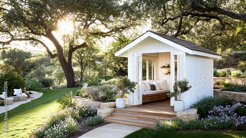 Hens graze on green pasture near a wooden farmhouse, representing sustainable poultry farming and backyard chicken keeping.