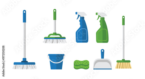 A professional set of flat-style cleaning equipment featuring blue and green mops spray bottles a bucket and a dustpan is displayed on a clean white backdrop.