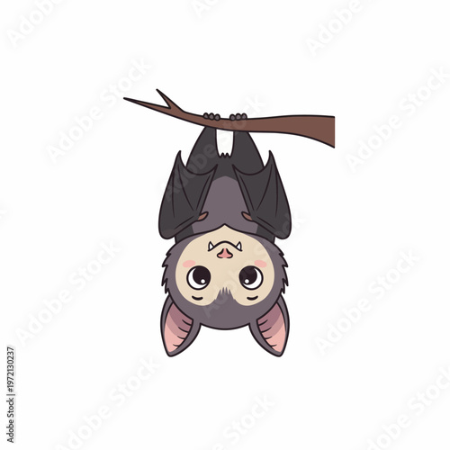 A delightful and adorable cartoon bat illustration, featuring a friendly creature with large eyes hanging playfully upside down from a sturdy tree branch, perfect for children's designs