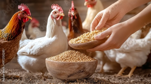 Hand feeding chickens and chicks, farmyard scene, poultry farming, animal care