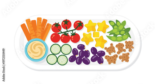 A meticulously arranged white oval platter displays a vibrant and healthy assortment of sliced carrots, creamy hummus, fresh tomatoes, and whimsical star-shaped fruits.