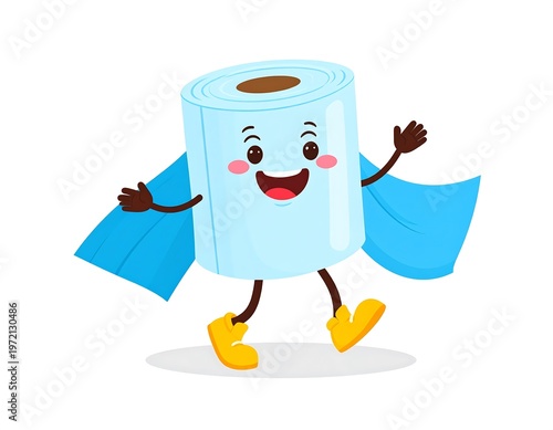Cute Toilet Paper Character with Blue Cape and Yellow Boots.