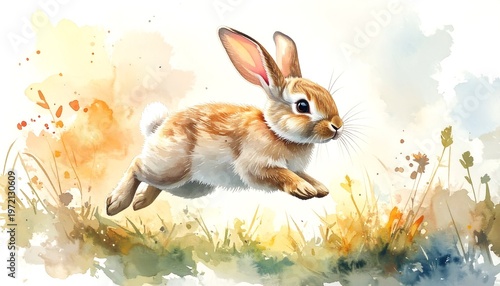Watercolor Painting of a Cute Bunny Rabbit Hopping Through a Field.