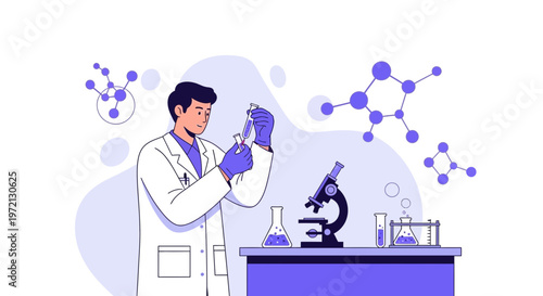 Scientist in Lab Coat Holding Syringe, Microscope and Molecular Structures Background