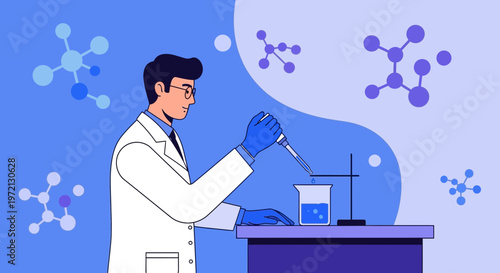 Scientist in Lab Coat Pipetting Liquid into Beaker, Molecular Structures Background