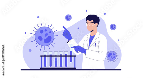 Scientist in Lab Coat Researches Virus Samples in Test Tubes, Microscopic View
