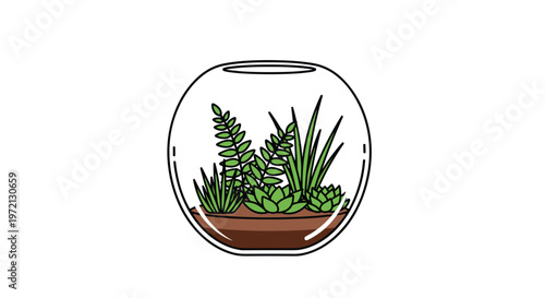 A minimalist glass bowl terrarium houses a charming variety of green succulents and delicate ferns rendered with clean black outlines on a white background.
