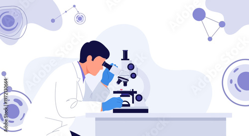 Scientist in lab coat using microscope, research and development, science laboratory