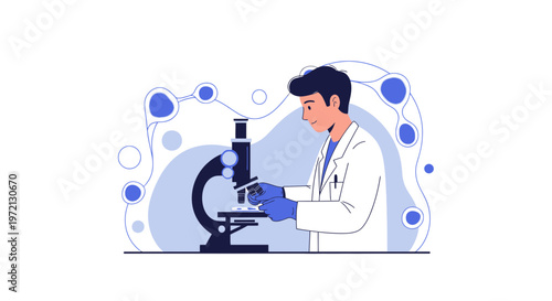 Scientist in Lab Coat Using Microscope, Conducting Research in Modern Laboratory