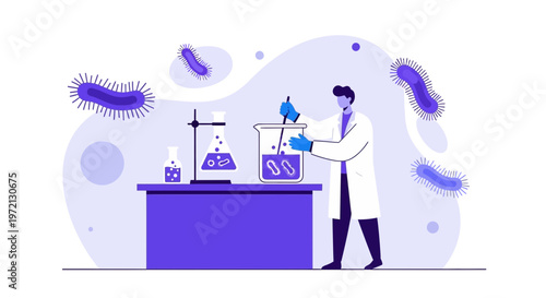 Scientist studying bacteria in laboratory with microscope and beakers, microscopic organisms
