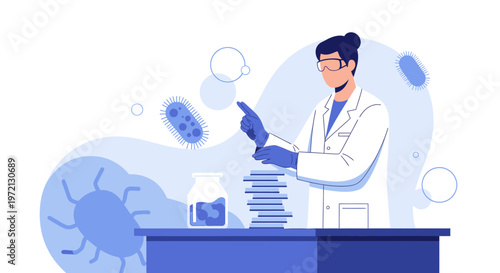 Scientist studying bacteria in laboratory, microscopic view, research and discovery