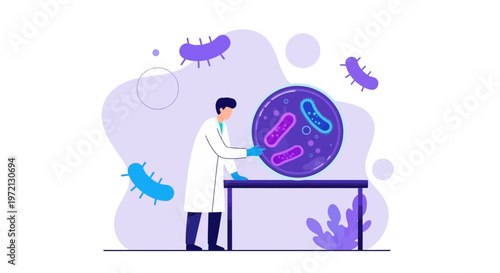 Scientist studying bacteria in petri dish, microbiology research, laboratory illustration