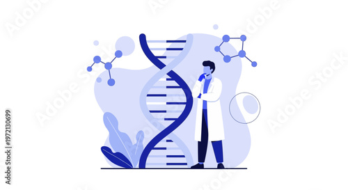 Scientist Studying DNA Helix, Molecular Structures, and Biological Research Concept