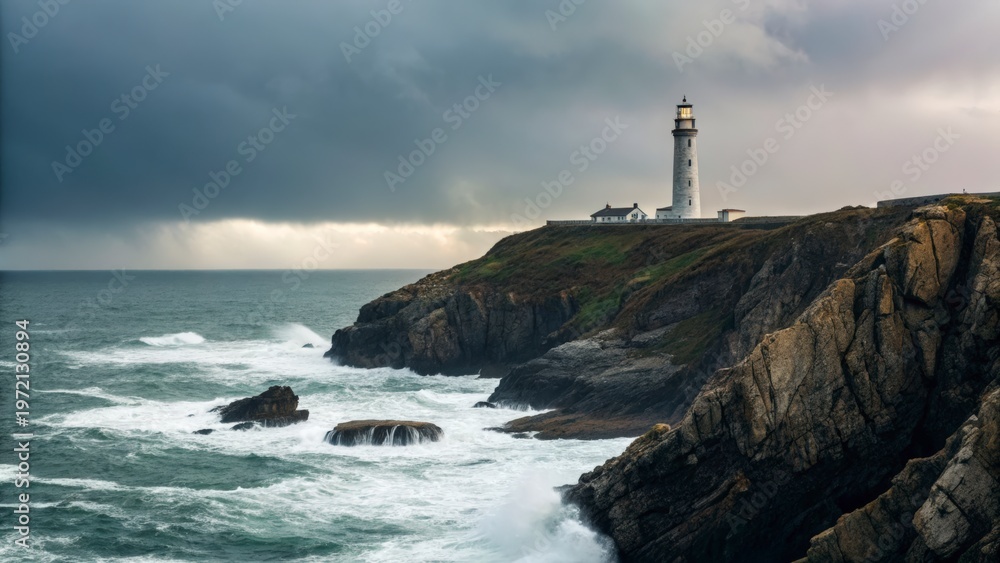 Fototapeta premium Dramatic lighthouse on rocky coastline under stormy skies