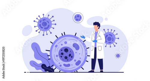 Scientist studying virus, microscopic view of coronavirus, medical research concept