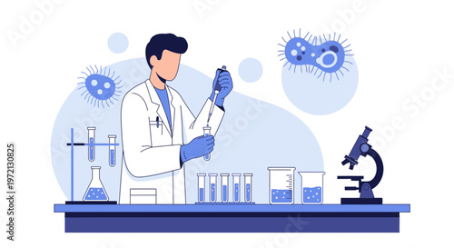 Scientist working in laboratory with microscope and test tubes, researching viruses