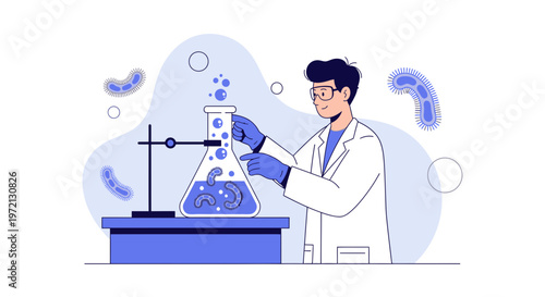 Scientist working in laboratory with microscope and bacteria, science research concept