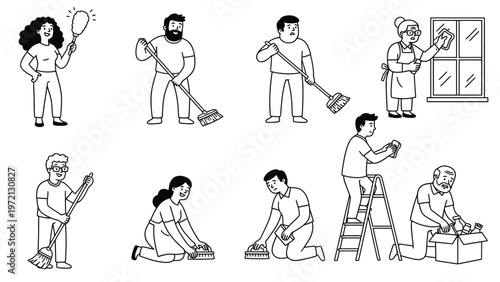 Household Chores and Cleaning Activities Line Art Illustrations Set