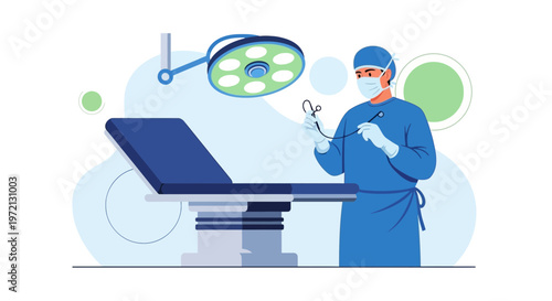 Surgeon in sterile uniform holding instruments in operating room with surgical lamp and table