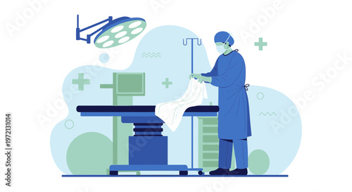 Surgeon in sterile surgical gown preparing operating room with medical equipment