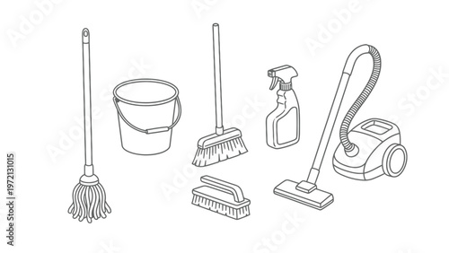Essential Household Cleaning Tools Line Art Collection: Mop, Bucket, Broom, Brush, Spray Bottle, Vacuum Cleaner