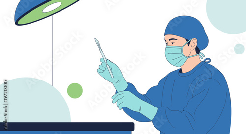 Surgeon in surgical attire holding scalpel under operating room light