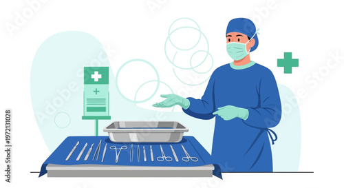 Surgeon in surgical attire with medical instruments and tray, ready for operation