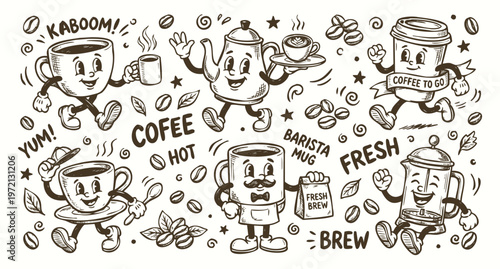 Vintage 1930s Rubber Hose Style Coffee Character and Barista Doodle Set