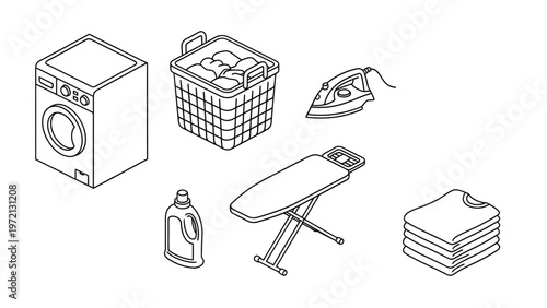 Isometric Laundry Day Household Chores Line Art Icons Set