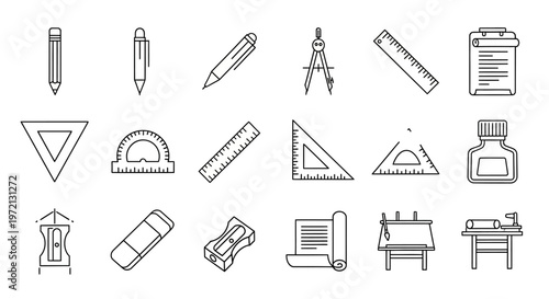 Stationery and drawing tools icons.