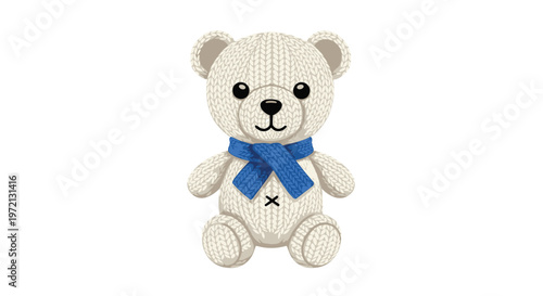 Meticulously crafted knitted white teddy bear wearing a vibrant blue textured scarf sitting peacefully against a clean and bright white studio background.