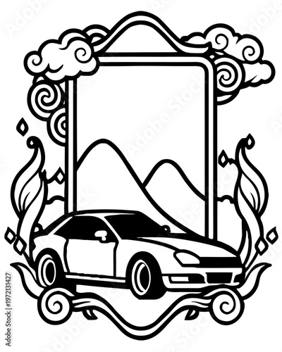 EPS Vector Graphic JDM Sports Car Coloring Page Minimalist Line Art Japanese Drift Coupe Mountain Frame Design Element