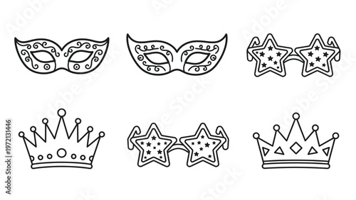 Celebration Icons: Decorative Masks, Funky Star Glasses, and Royal Crowns in Line Art Style