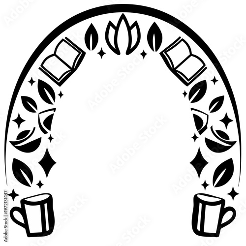 EPS Vector Cozy Reading Archway Book Coffee Mug Leaves Stars Minimalist Linework Design Element Stationery Library Logo