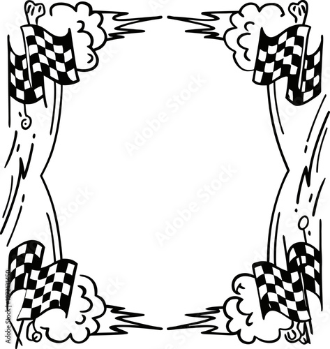 EPS Vector Racing Border Checkered Flag Frame Black White Hand Drawn Line Art Speed Smoke Automotive Event Invitation Header