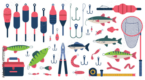 fishing gear assortment with colorful lures, floats, practical tools, landing net, organized tackle box, detailed setup for angling, outdoor hobby equipment, high resolution stock concept.