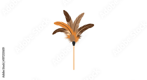 Traditional household feather duster composed of soft natural brown and tan feathers attached to a slender wooden handle on a pristine minimalist white surface.
