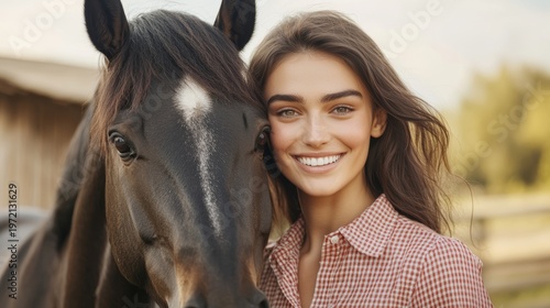 Young girl hugging horse on farm, rural lifestyle, animal care, outdoor nature.