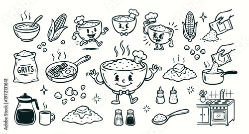 Vintage 1930s Rubber Hose Style Grits Bowl Character and Southern Breakfast Doodle Set