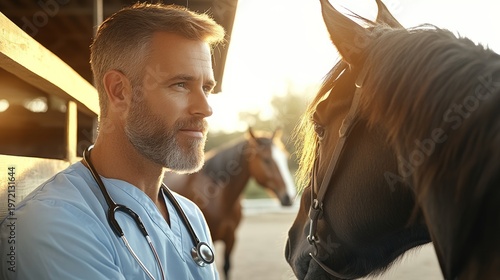 Veterinarian male doctor with stethoscope examining horse in stable, farm animal care, rural profession