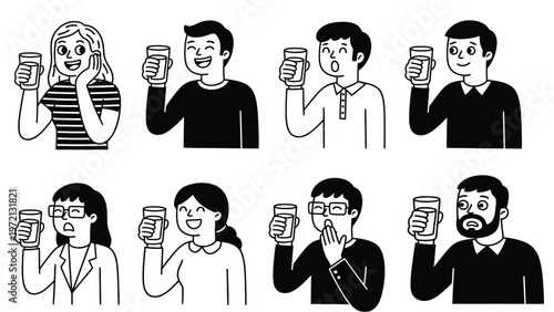 Diverse People Holding Jars with Various Expressions - Monochrome Line Art Illustration Set