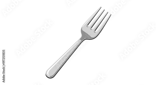 A sleek and shiny stainless steel fork with four sharp tines rests diagonally on a clean white surface with soft grey highlights and subtle metallic reflections.