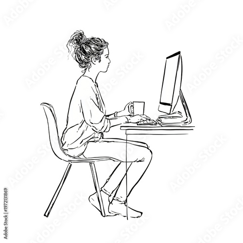 Professional Isolated Woman Computer Outline Style Illustration