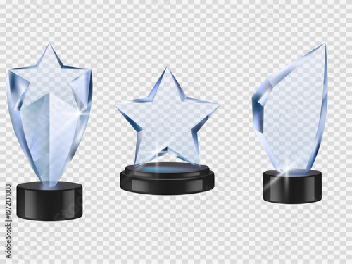 Glass Award Trophy Set Vector Illustration with Star and Crystal Shapes Isolated on Transparent Background, Achievement and Winner Concept