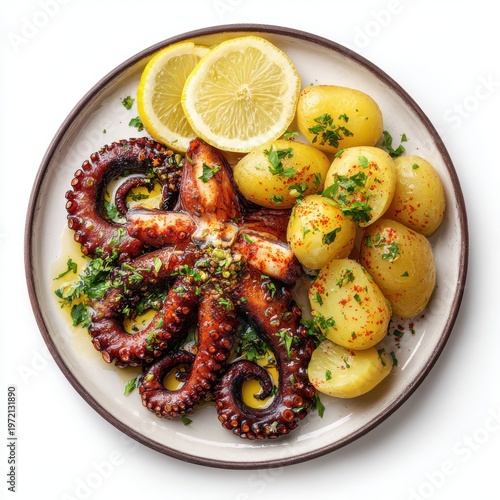Polvo Grelhado Portugal food plate isolated on a white background