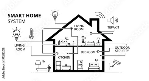 Smart home system, house automation, living room, kitchen, bedroom icons