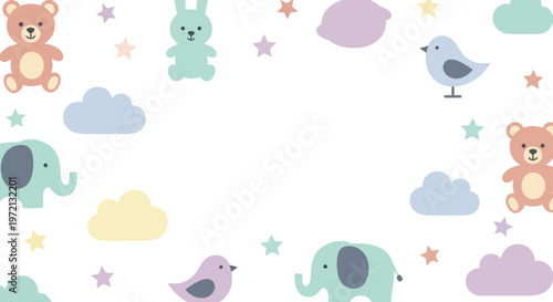Cute Baby Animals Bears Elephant Bunny Birds Clouds Stars Nursery Pattern