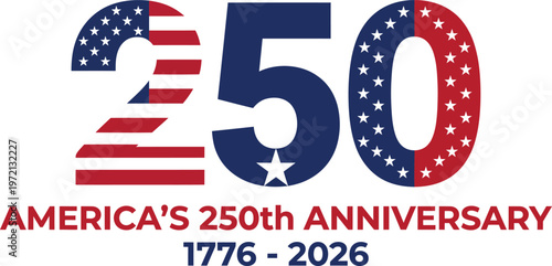 Americas 250th anniversary logo with usa flag colors and stars on white background